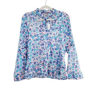 Zara Blue & Purple Floral Printed Long Sleeve Top Bow Neck Tie Size Medium